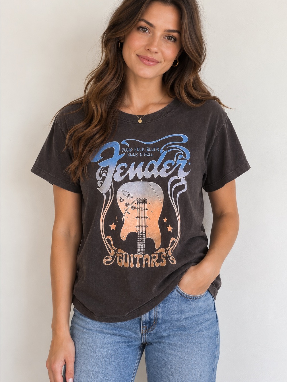 Fender 2023 Guitar Graphic Tee Punk Folk Blues Rock N Roll Black Small